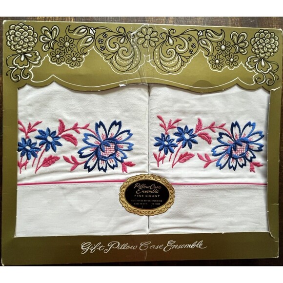 Vtg Pillowcase Ensemble Fine Count Pink & Blue Floral Embroidered Gift Ensemble - Picture 1 of 6